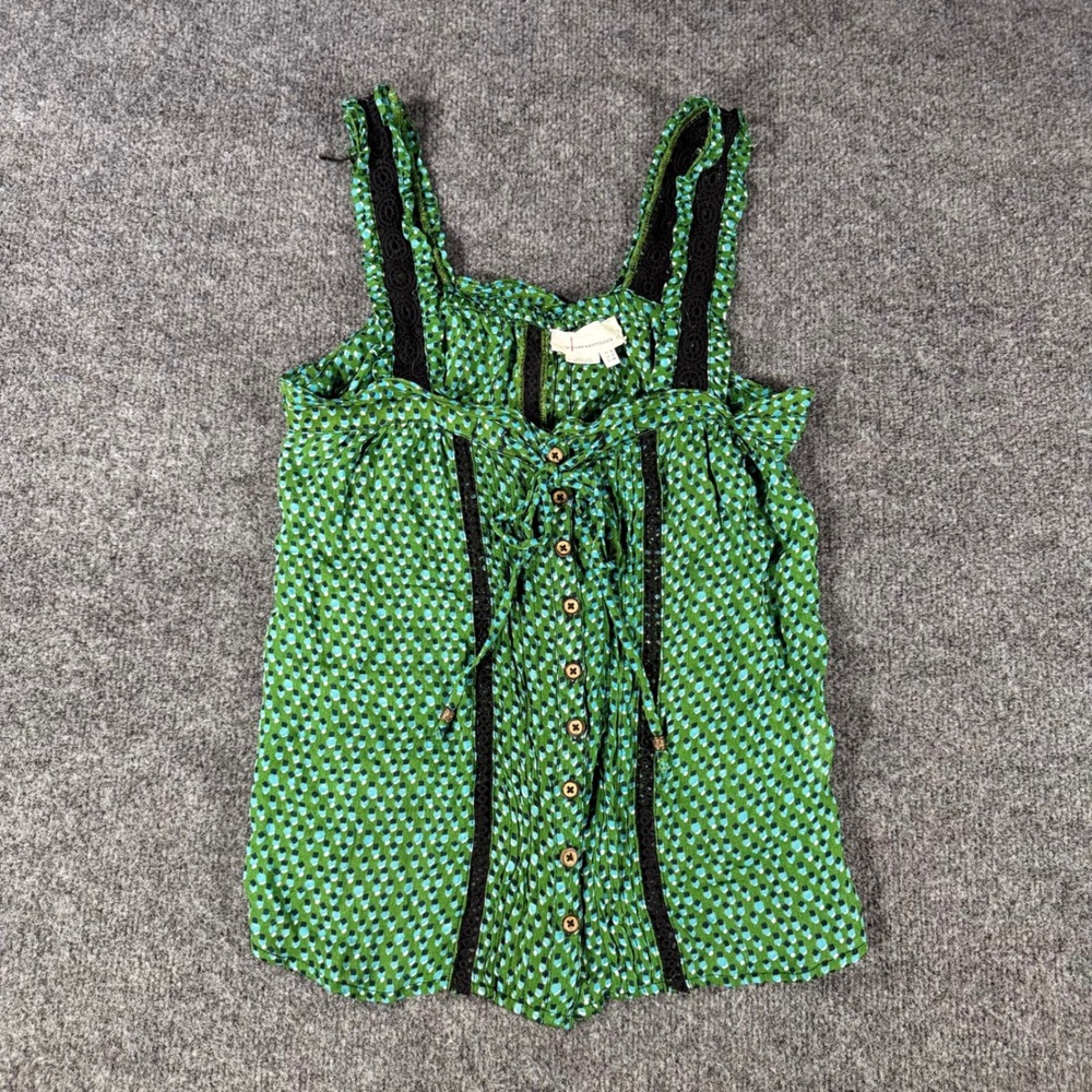 Anthropologie Green Dot Print Tank Top Women 2 Boho Lace Trim Button Front